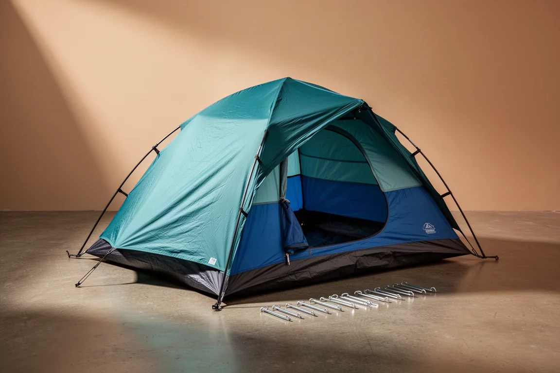 Compact one-person camping tent with teal canopy pitched on concrete with stakes beside it