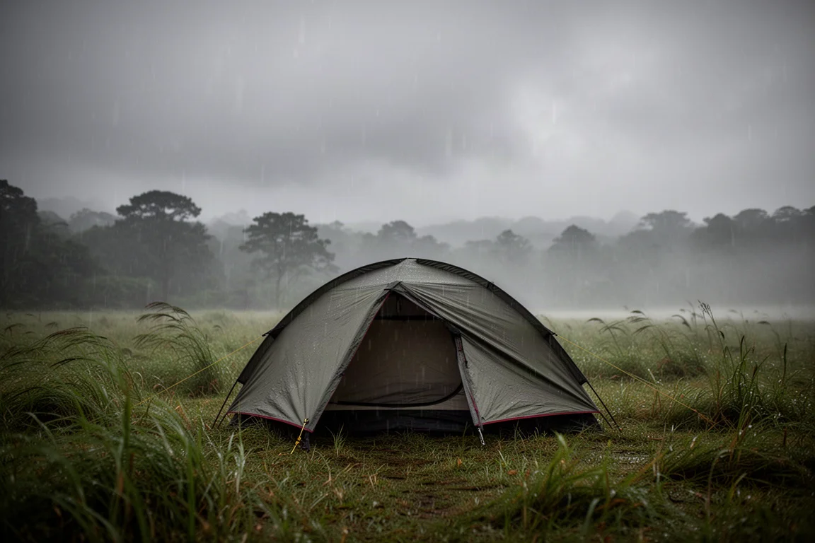 Uma barraca de camping solitária montada em uma clareira gramada e úmida sob nuvens cinzentas baixas de tempestade