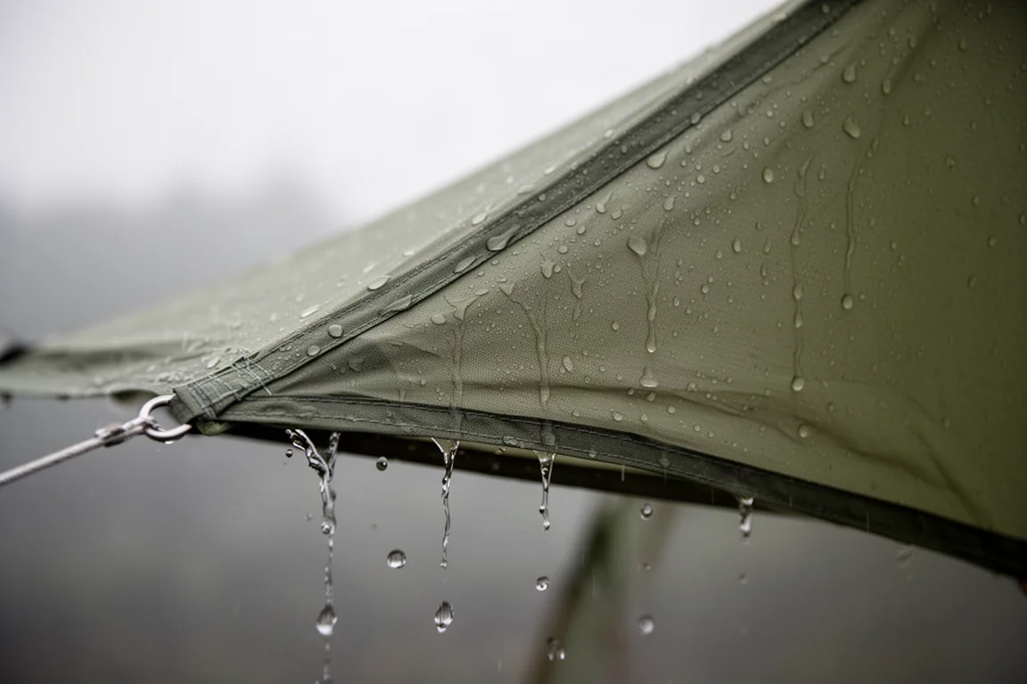 Close-up de gotas de chuva se acumulando e escorrendo pelo tecido tenso do sobreteto da barraca