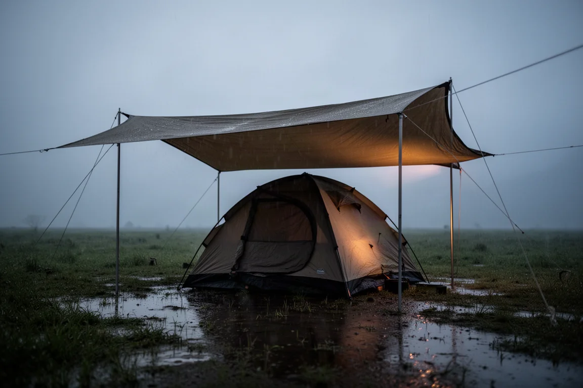 Barraca de camping abrigada sob uma lona ao anoitecer com o chão molhado refletindo a luz