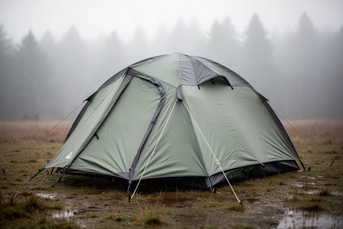 Compact camping tent with a sage green rainfly pitched on wet grass in overcast light