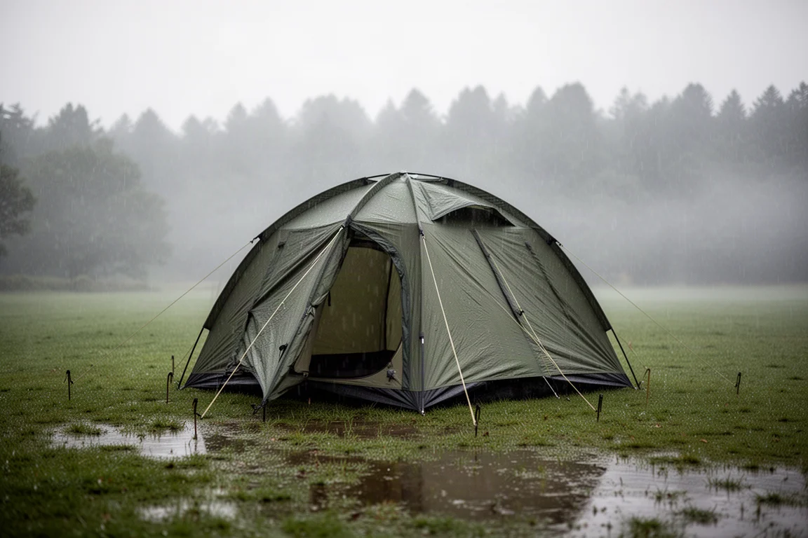 Pitched camping tent on wet grass at dusk with rain falling and soft grey light