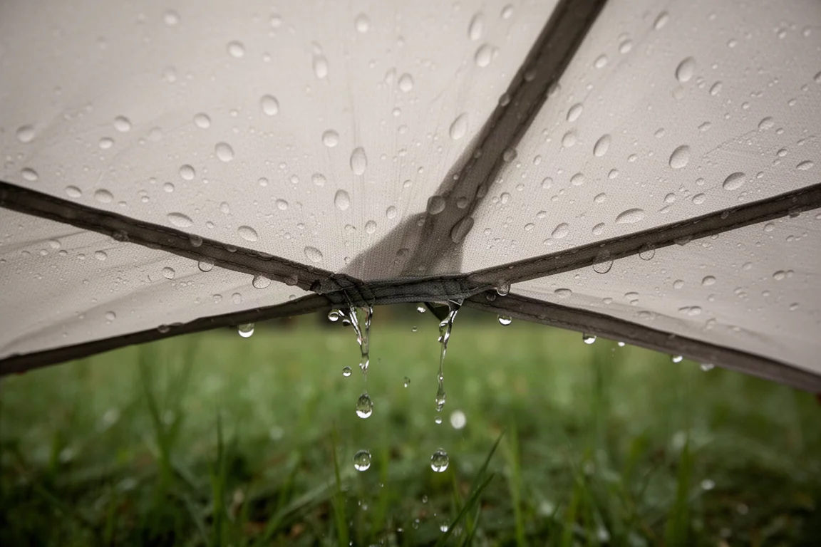 Close-up of rainwater beading and running off a taut tent rainfly fabric