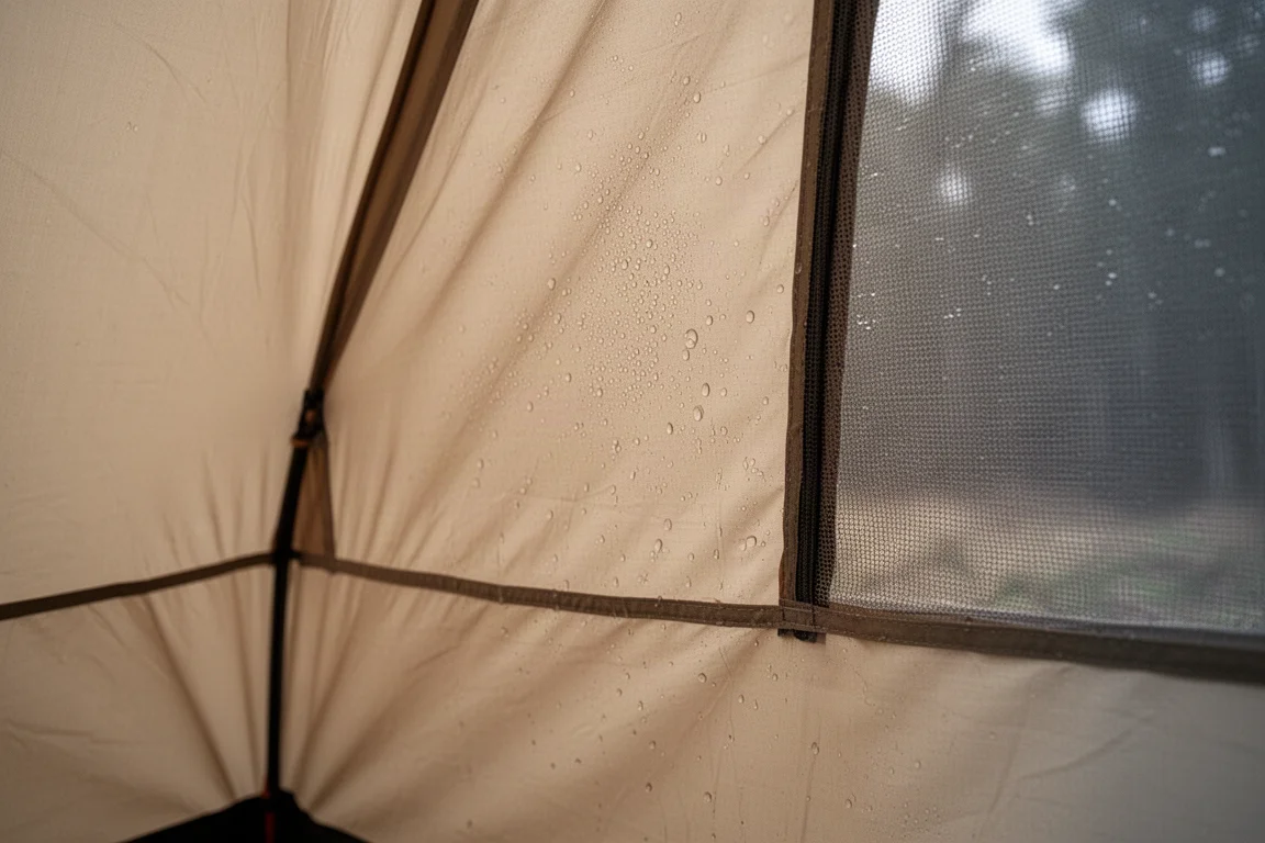 Interior view of tent wall with moisture droplets on inner fabric and mesh panel