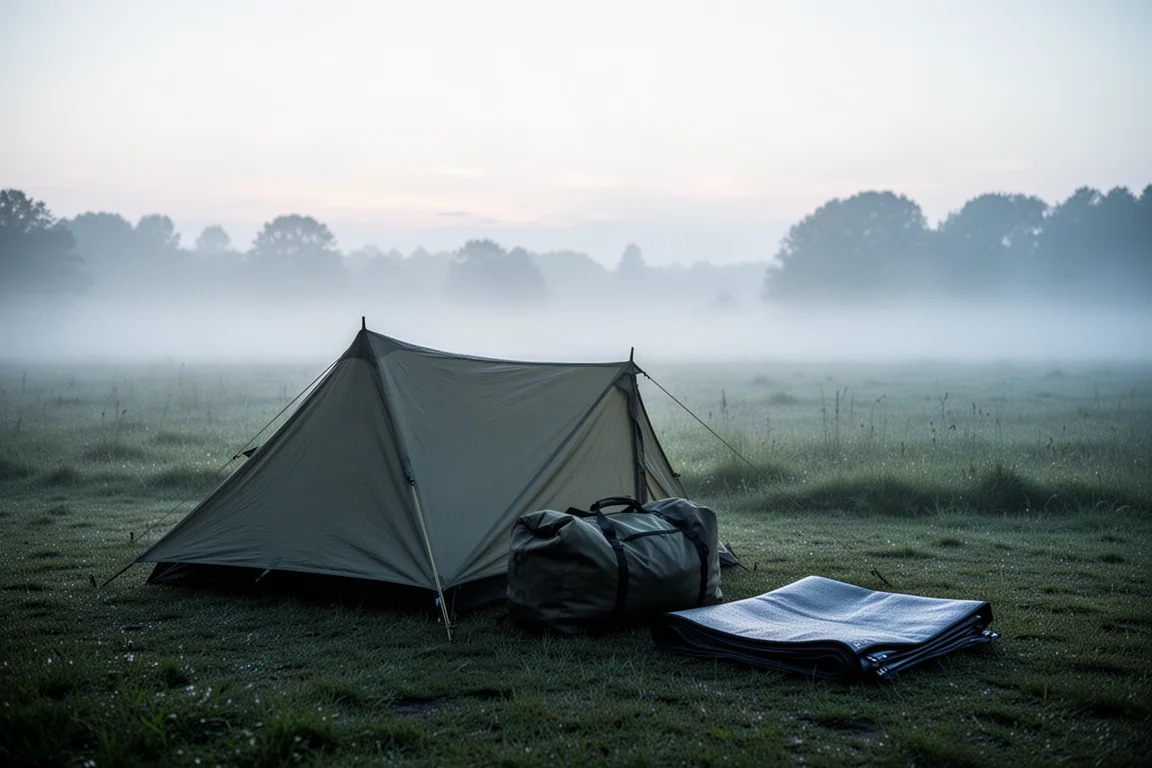 Campsite at dawn with tent silhouette on misty grass and gear packed nearby