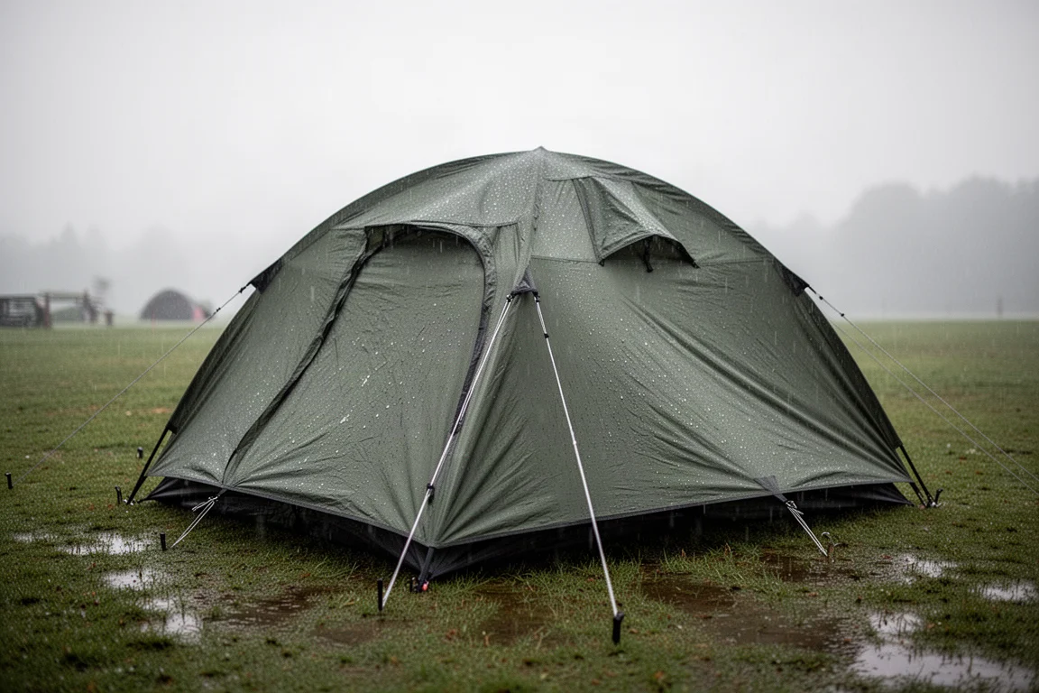 Dome camping tent pitched on wet grass under overcast sky with rain on the fly