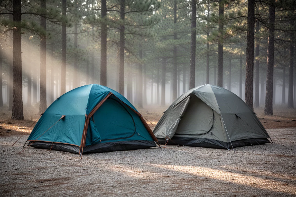Two one-person camping tents pitched side by side at the edge of a pine forest at dawn