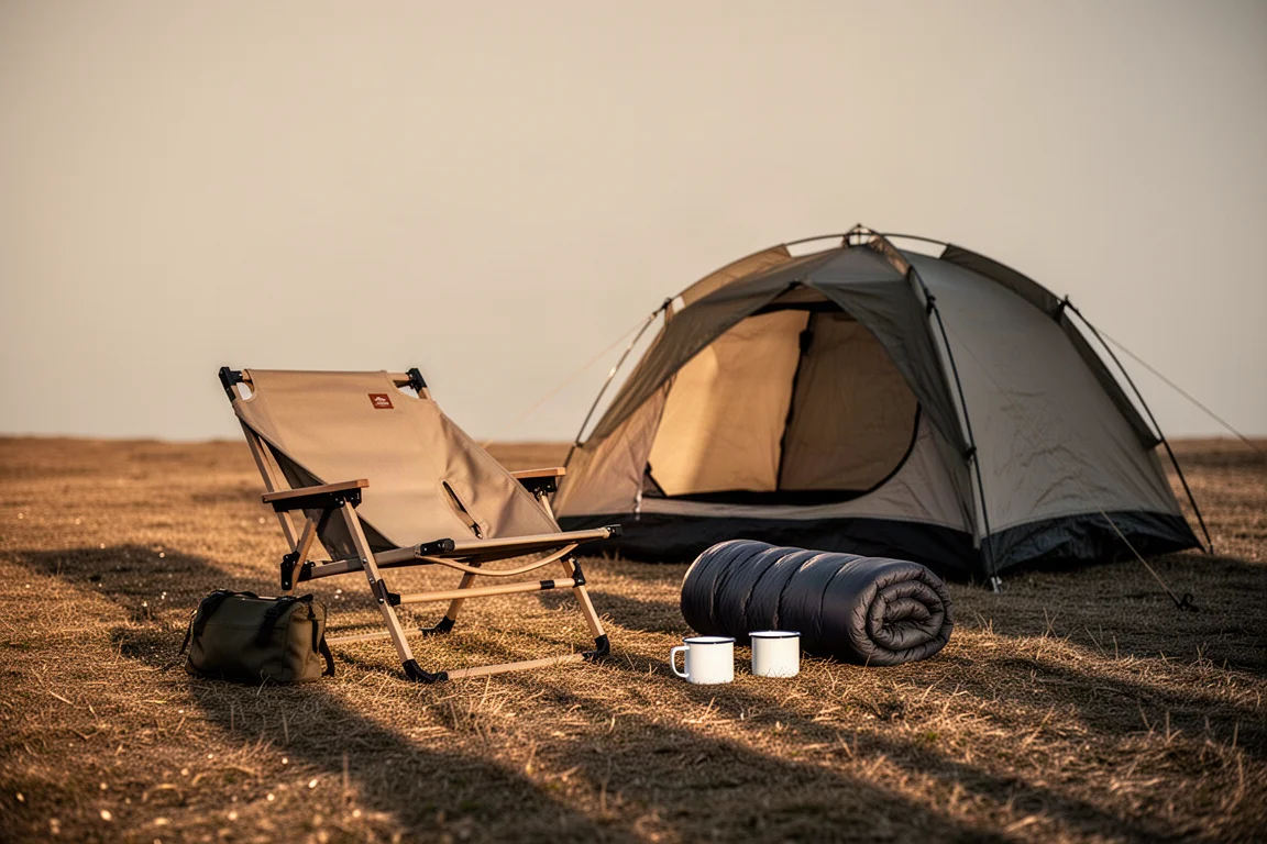 Tiefer Campingstuhl für zwei Personen neben einem kleinen Kuppelzelt auf einem Campingplatz zur goldenen Stunde