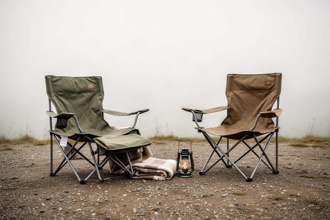 Zwei Campingstühle nebeneinander auf Kies, die eine niedrige und eine normale Sitzhöhe zeigen