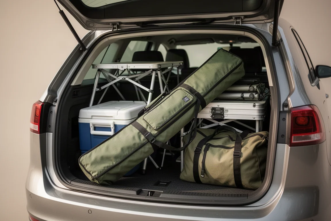 Kofferraum voller Campingausrüstung, darunter eine lange gepolsterte Tragetasche für einen Stuhl