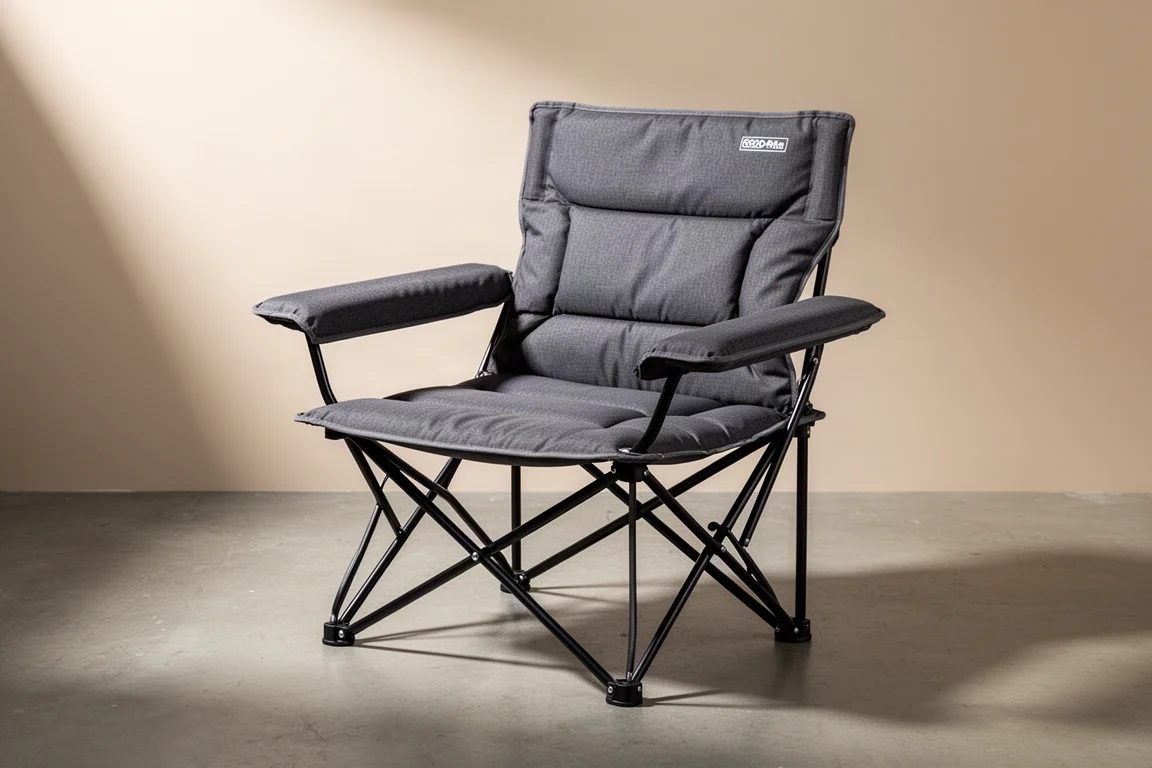 Low two-person folding camp chair with padded armrests and steel frame on concrete