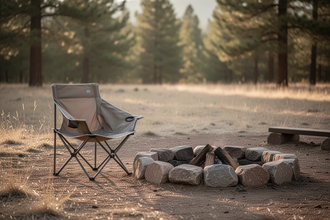 Niskie krzesło kempingowe rozstawione obok paleniska na spokojnym campingu w późnym popołudniowym świetle