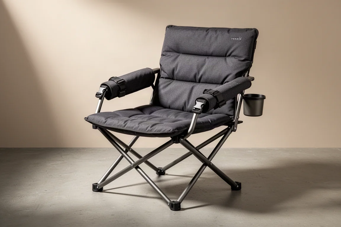 Kelty Lowdown Chair, a low folding camp chair with padded dark fabric and steel frame