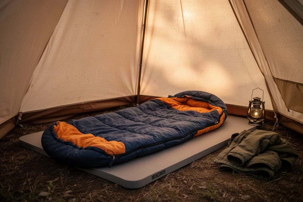Rectangular flannel sleeping bag laid out on a sleeping pad inside a tent at dawn