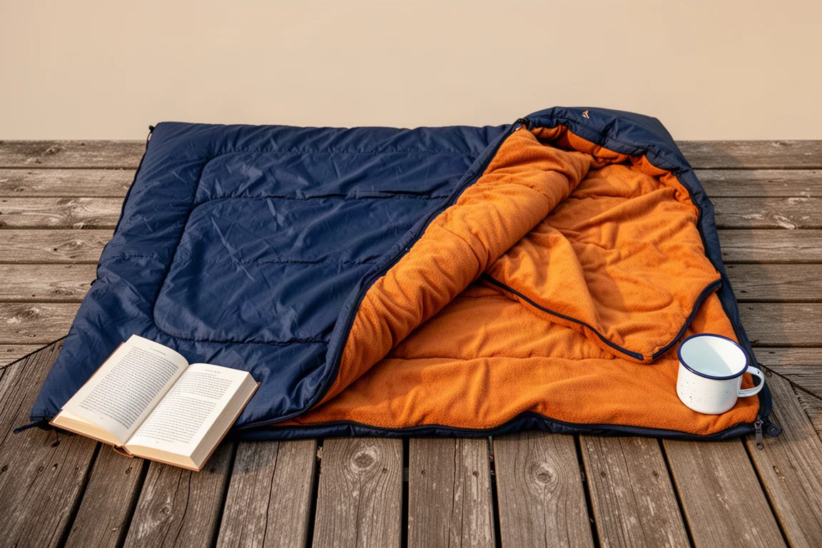 Unzipped sleeping bag spread as a blanket on wooden decking with a book and mug