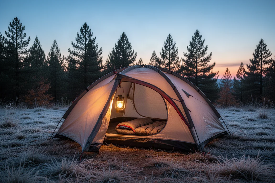 Glowing tent at an autumn campsite at dusk with a sleeping bag visible inside