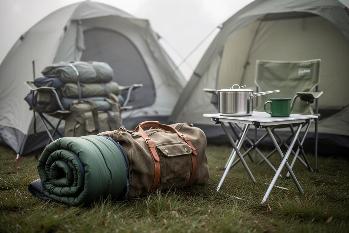 Rolled sleeping bag and camping gear packed on grass beside a tent in morning light