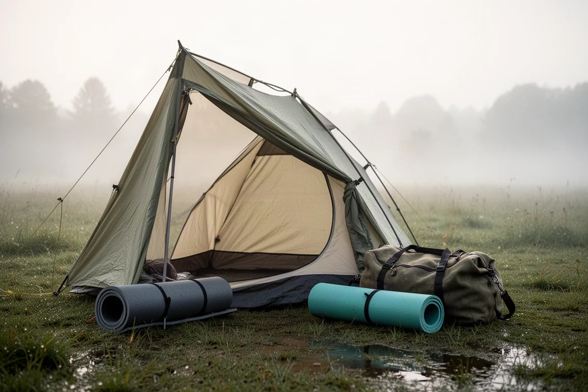Ochtend op de kampeerplek met een halfopen tentvestibule en een opgerold slaapmatje