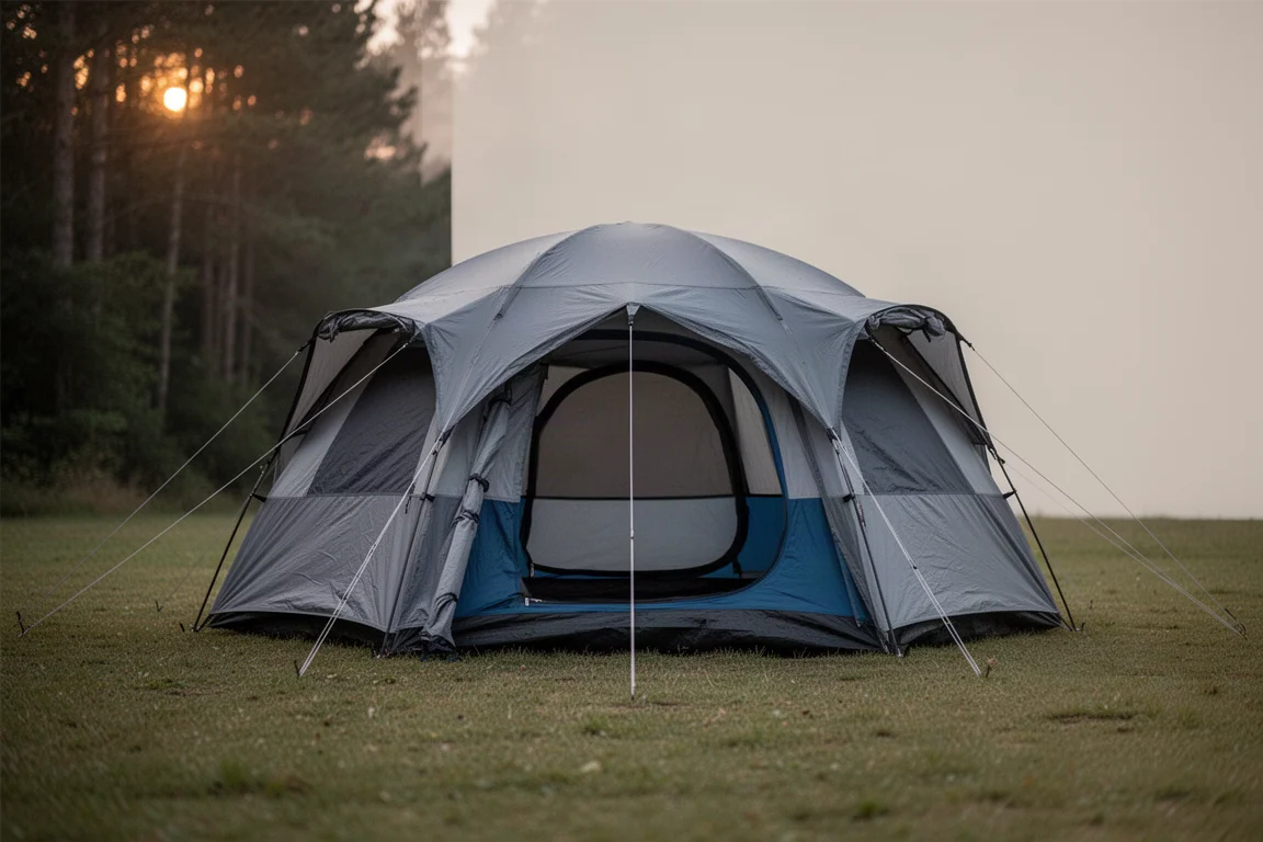 Four-person camping tent with full-coverage rainfly pitched on a grassy clearing at dusk