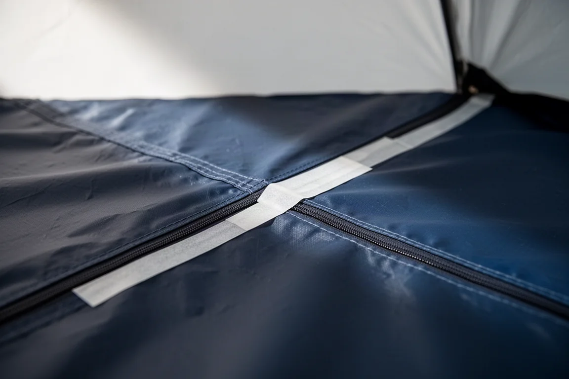 Gros plan sur une couture thermocollée traversant le tissu bleu foncé du plancher de tente
