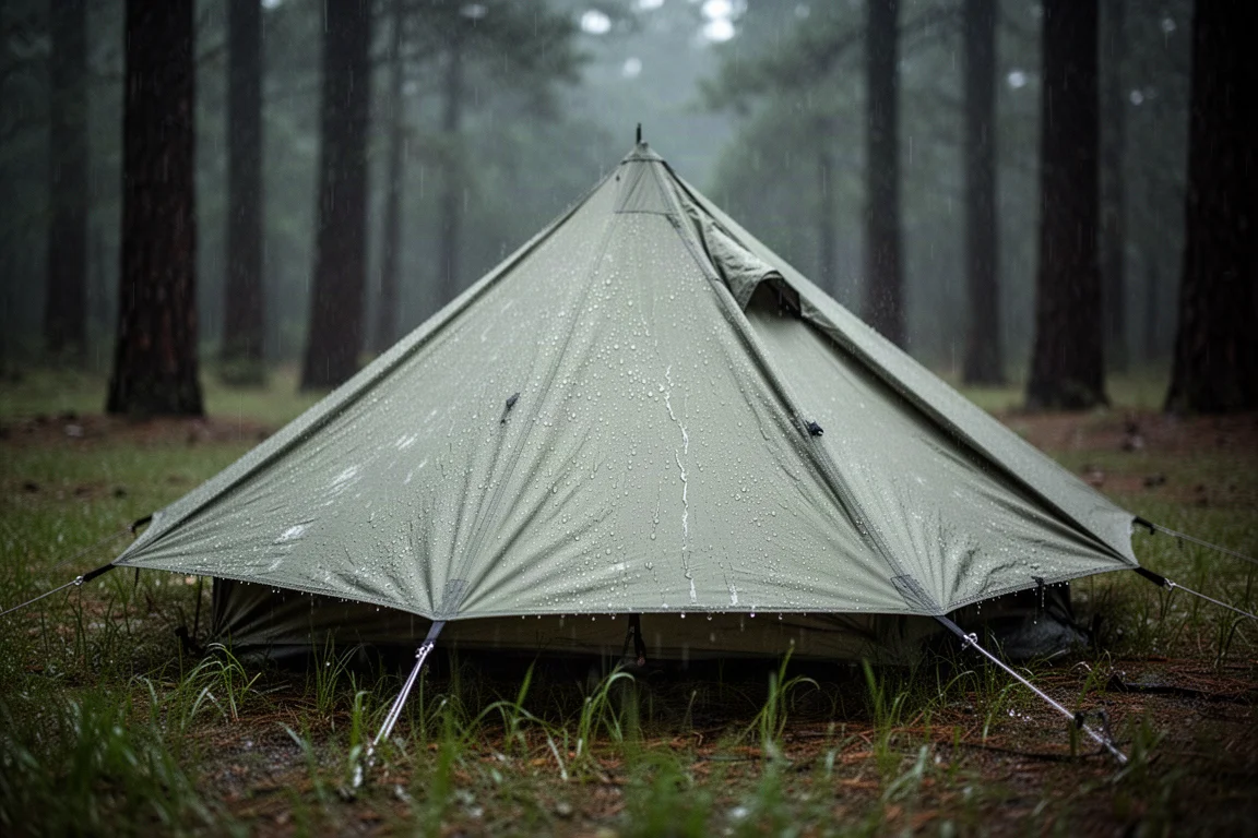 Tente de camping montée dans une clairière sous une pluie continue