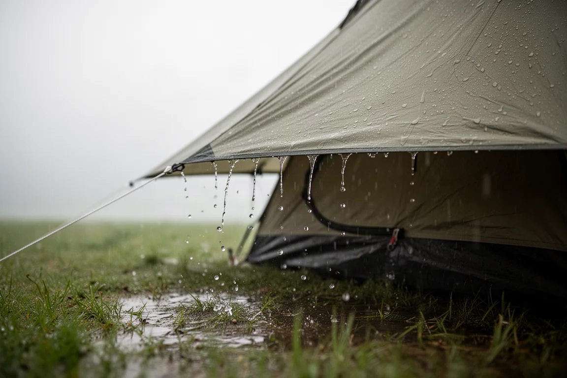 Vue en contre-plongée du bord de la double-toiture au-dessus de l'herbe mouillée sous la pluie