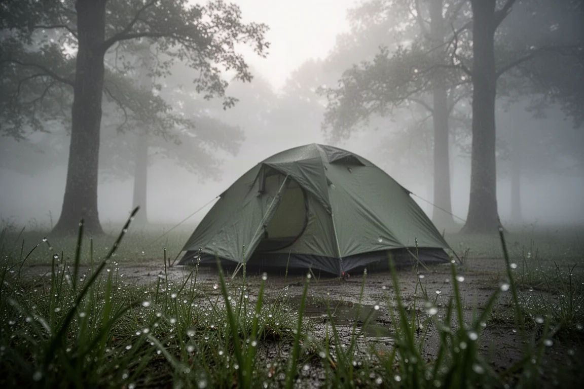 Campement à l'aube après la pluie avec de la brume dérivant entre les arbres