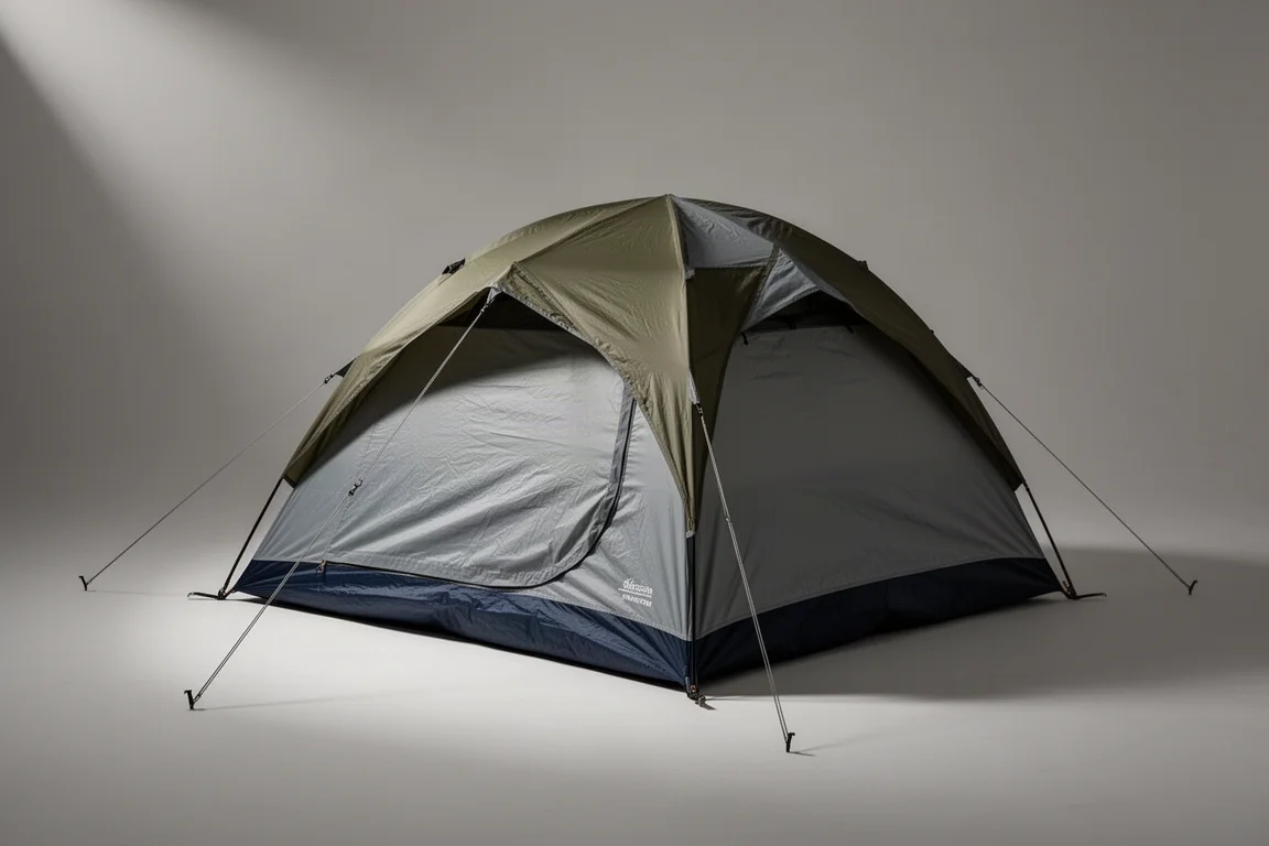 Camping tent with full-coverage rainfly pitched on a neutral grey studio backdrop
