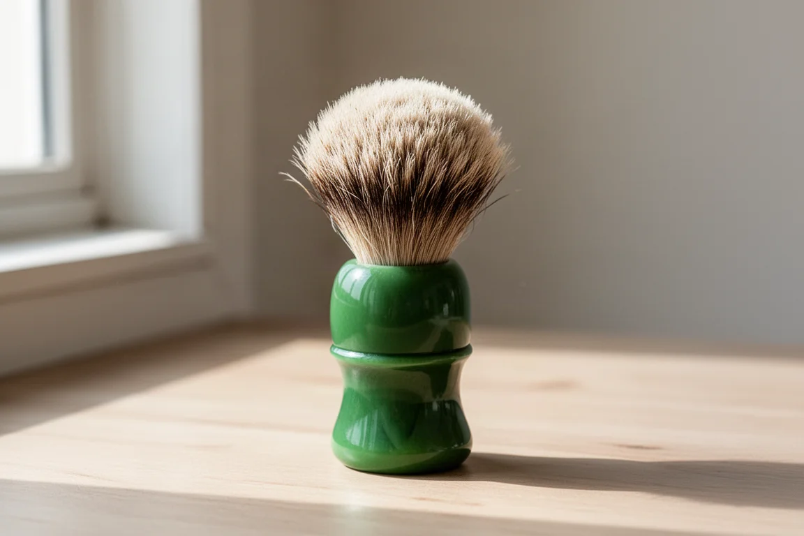 Phoenix Artisan Accoutrements 小黃瓜 Fumbler 皂盒與鬚後水瓶子置於木質表面上