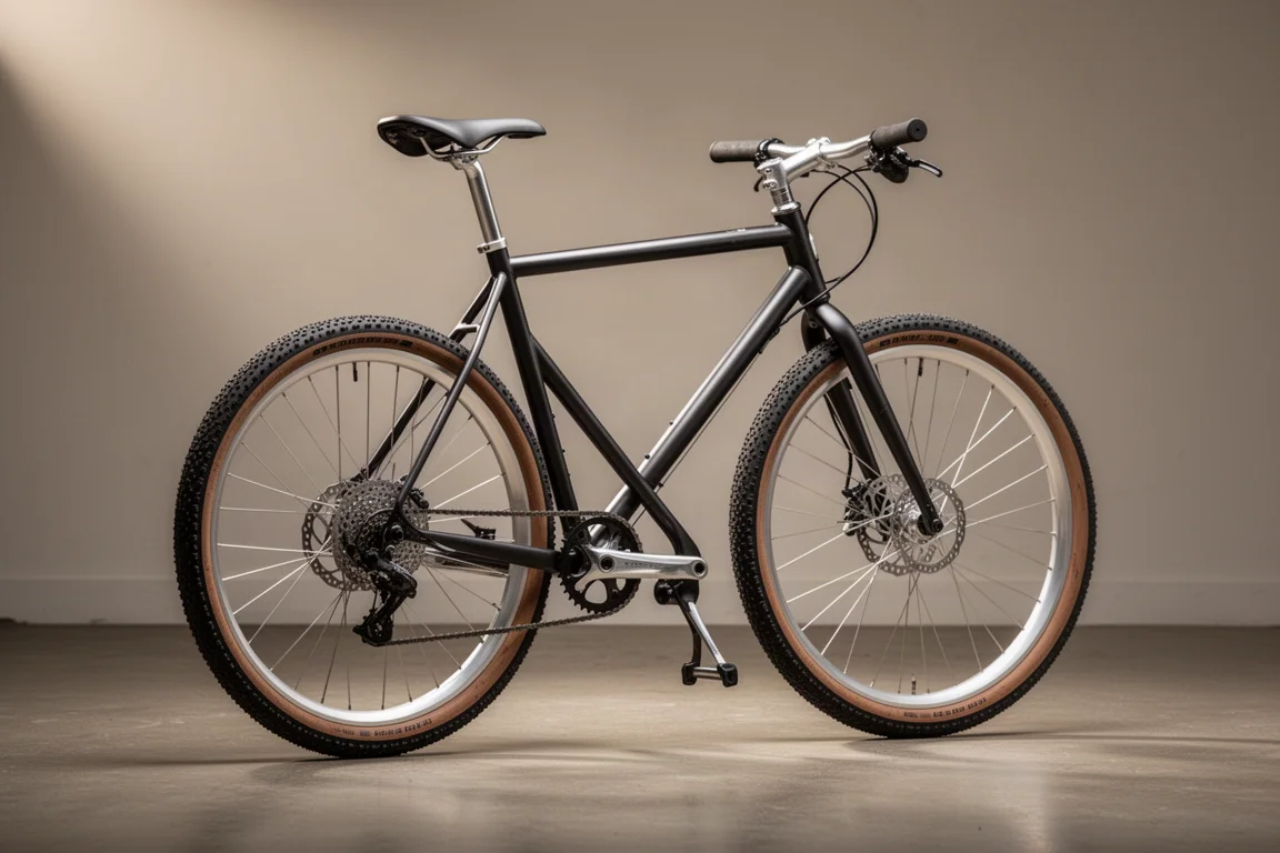 Steel drop-bar gravel bike with 40mm tires photographed on a matte concrete floor