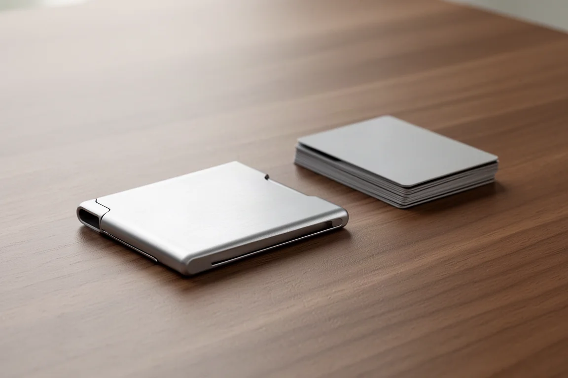 Slim aluminum minimalist wallet with a carbon fiber card plate resting on a desk