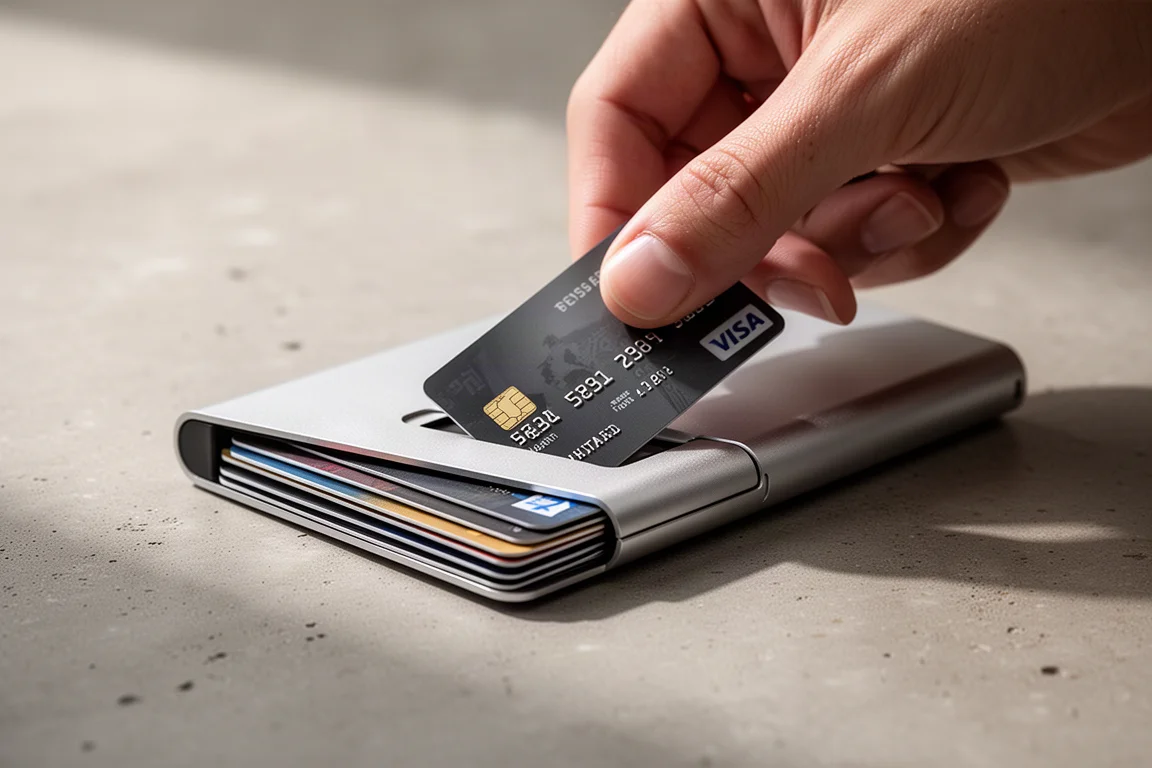 Hands sliding a card out of the exposed top slot of a metal wallet