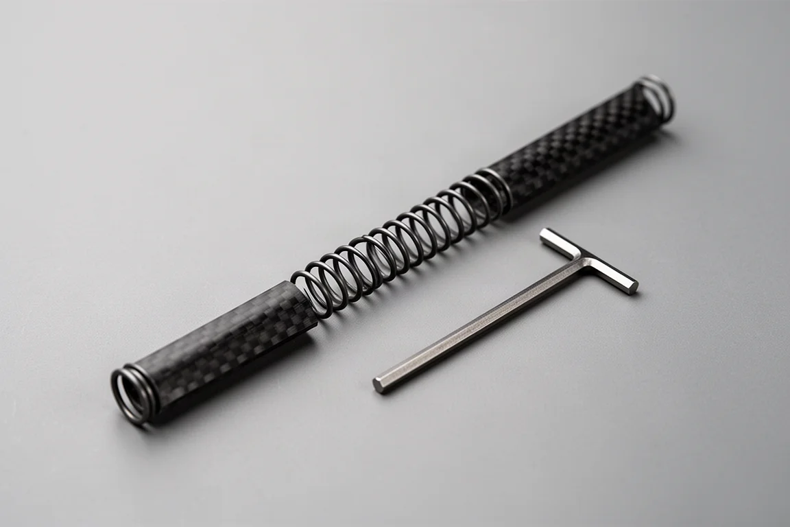 Carbon fiber spring component beside a small hex key on a neutral surface
