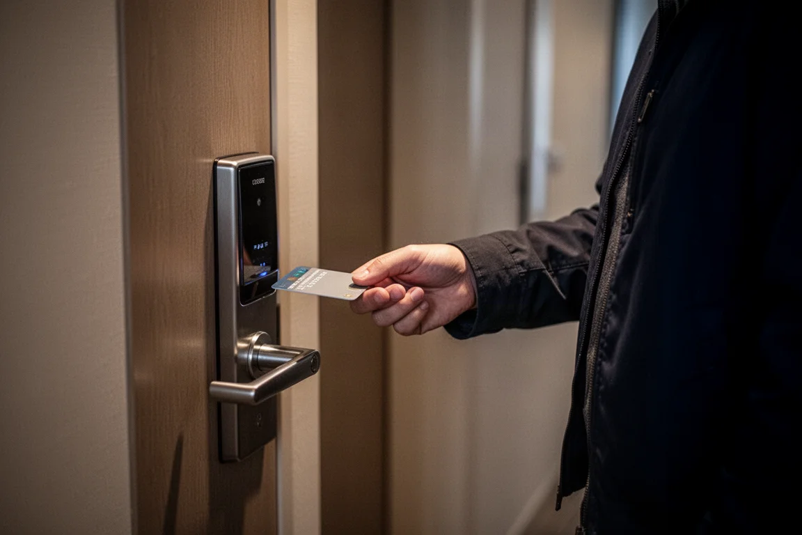 Traveler tapping a hotel room door lock with a wallet-held key card at dusk