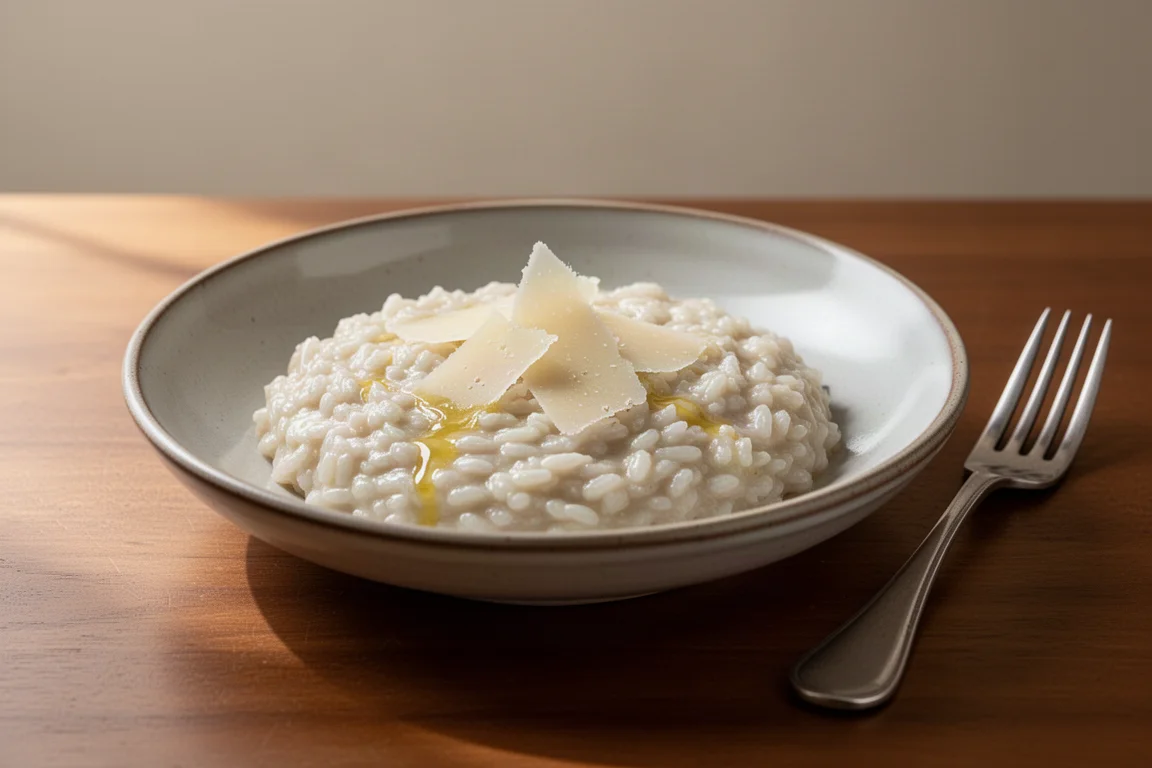 Cremiges fertiges Risotto in einem flachen Teller mit geriebenem Käse obendrauf