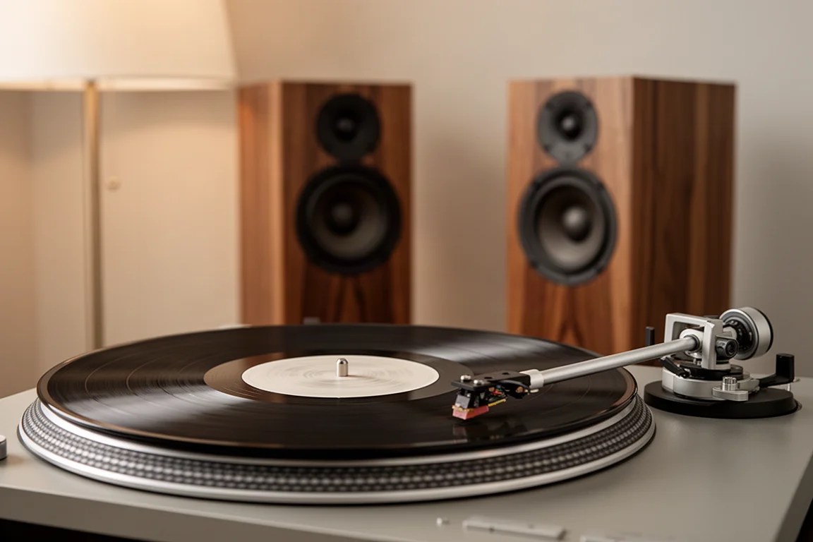 Vinylplatte dreht sich auf einem Plattenspieler mit Lautsprechern in warmem Hintergrundlicht