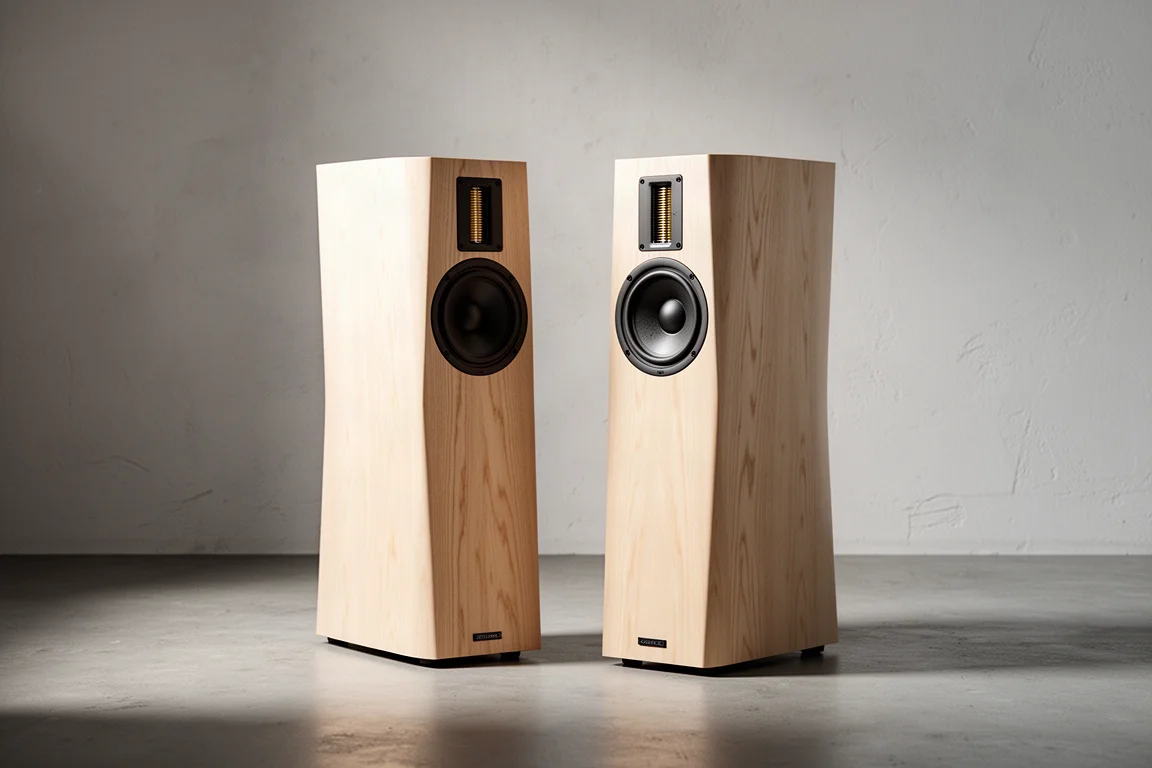 Pair of slim wood veneer floorstanding speakers in a minimal listening room