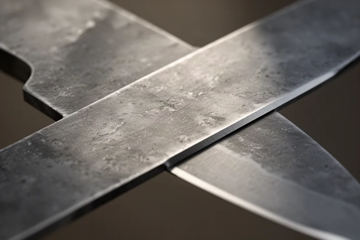 Närbild på ett stonewashed knivblad med subtil fläckig yta