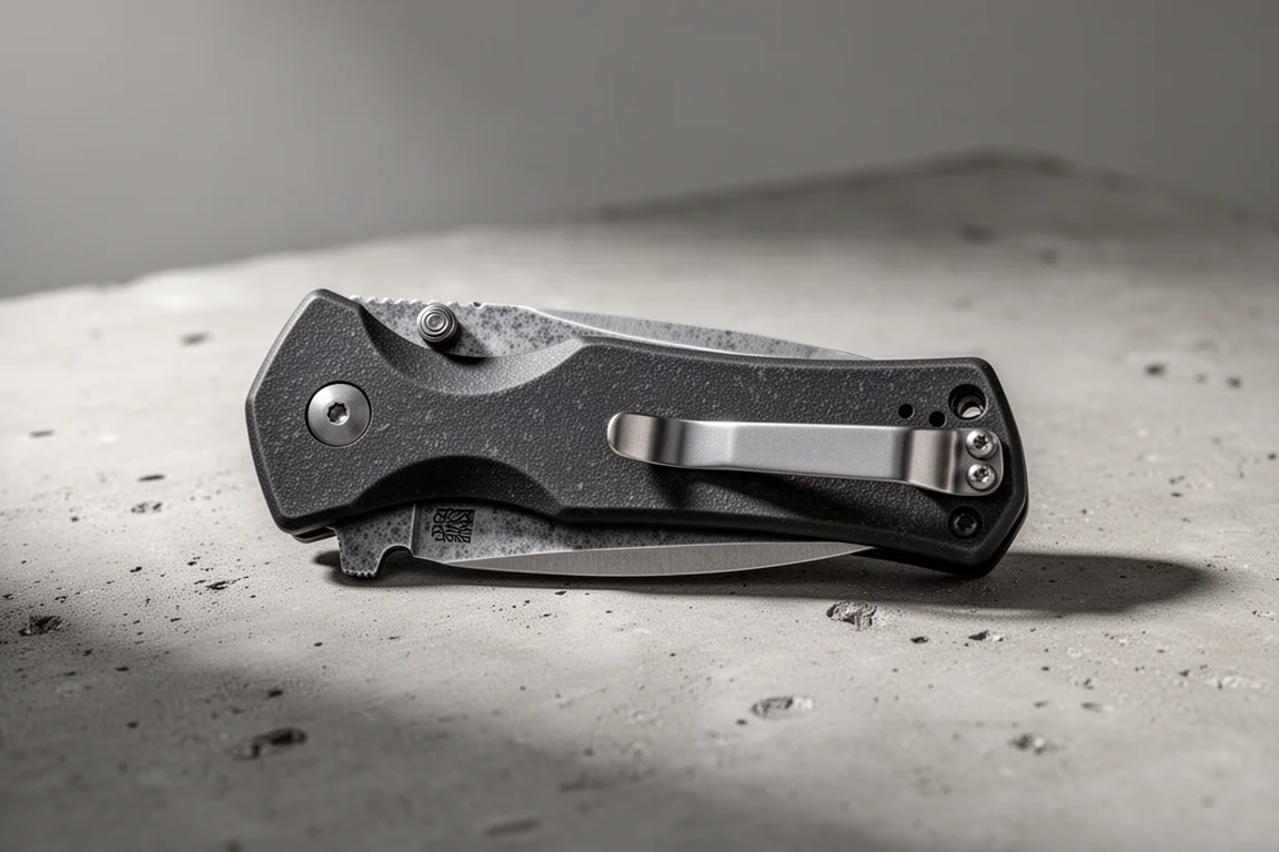 Closed slim folding knife with dark handle and pocket clip on concrete surface
