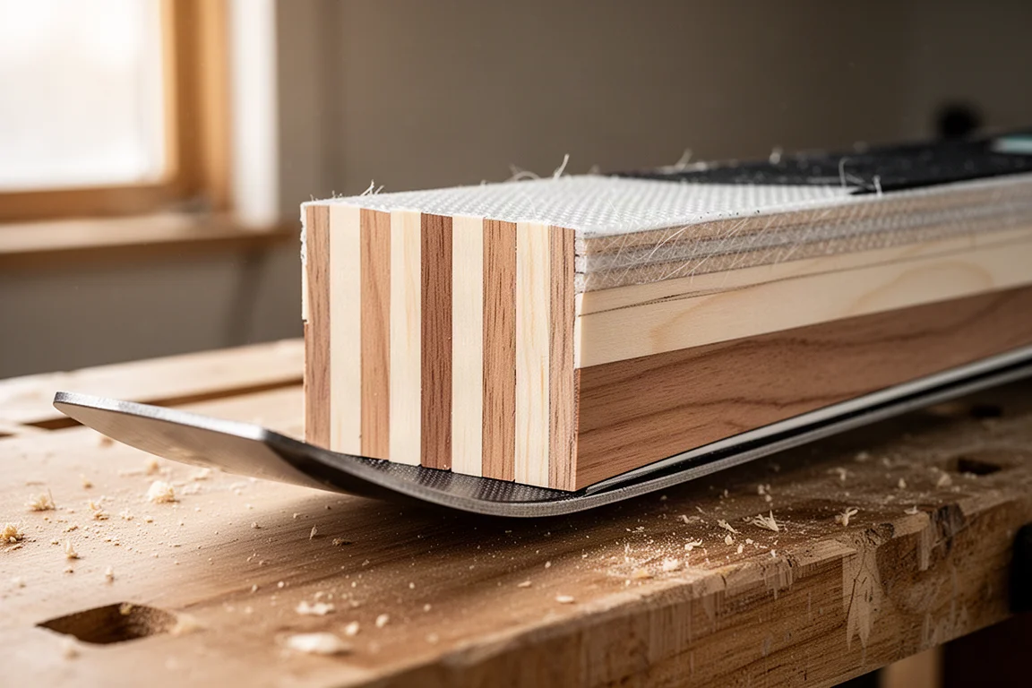 Primer plano de la construcción del esquí mostrando listones de madera, capas de fibra de vidrio y un canto de acero