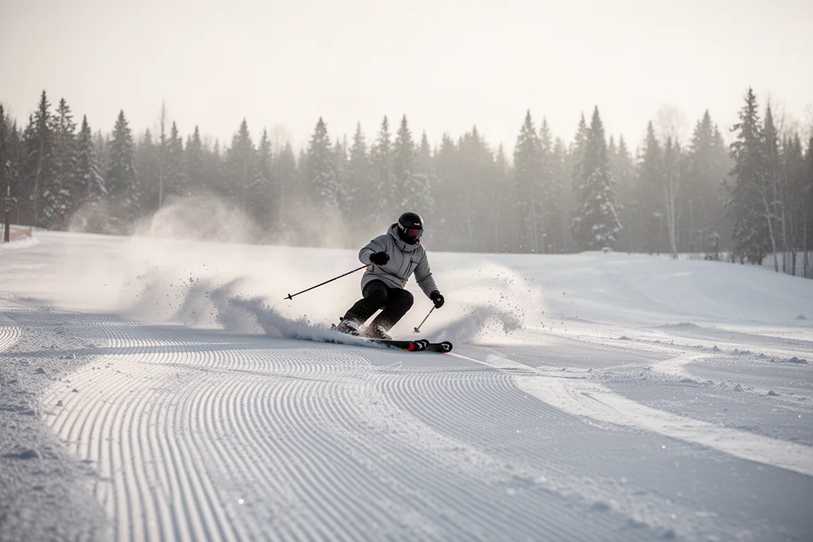 Skifahrer zieht bei Morgensonne eine saubere Kurve auf frisch präparierter Piste