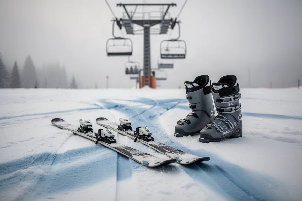 Skier und Stiefel auf festem Harschschnee neben einem Skilift