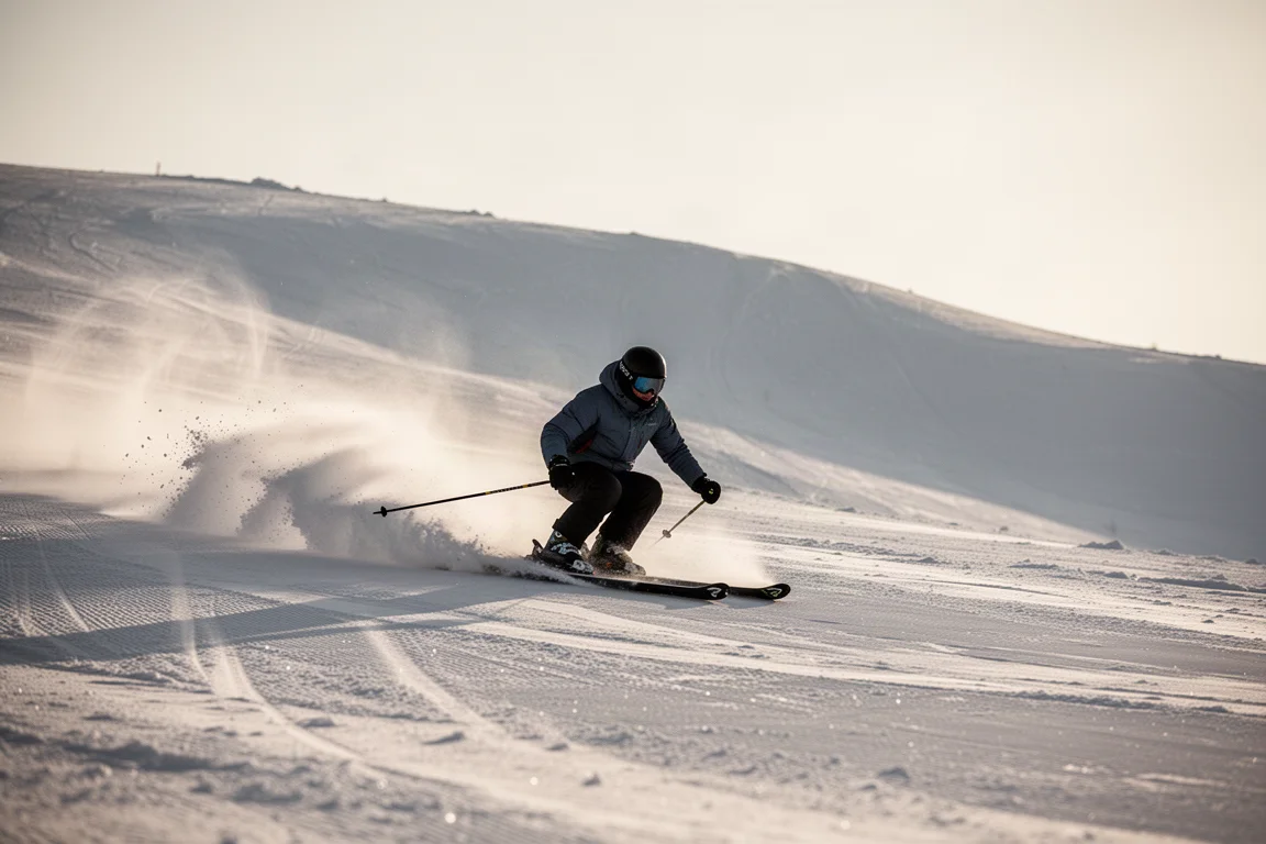 Skifahrer hält einen mittleren Radius auf festem präpariertem Schnee mit Schneegischt