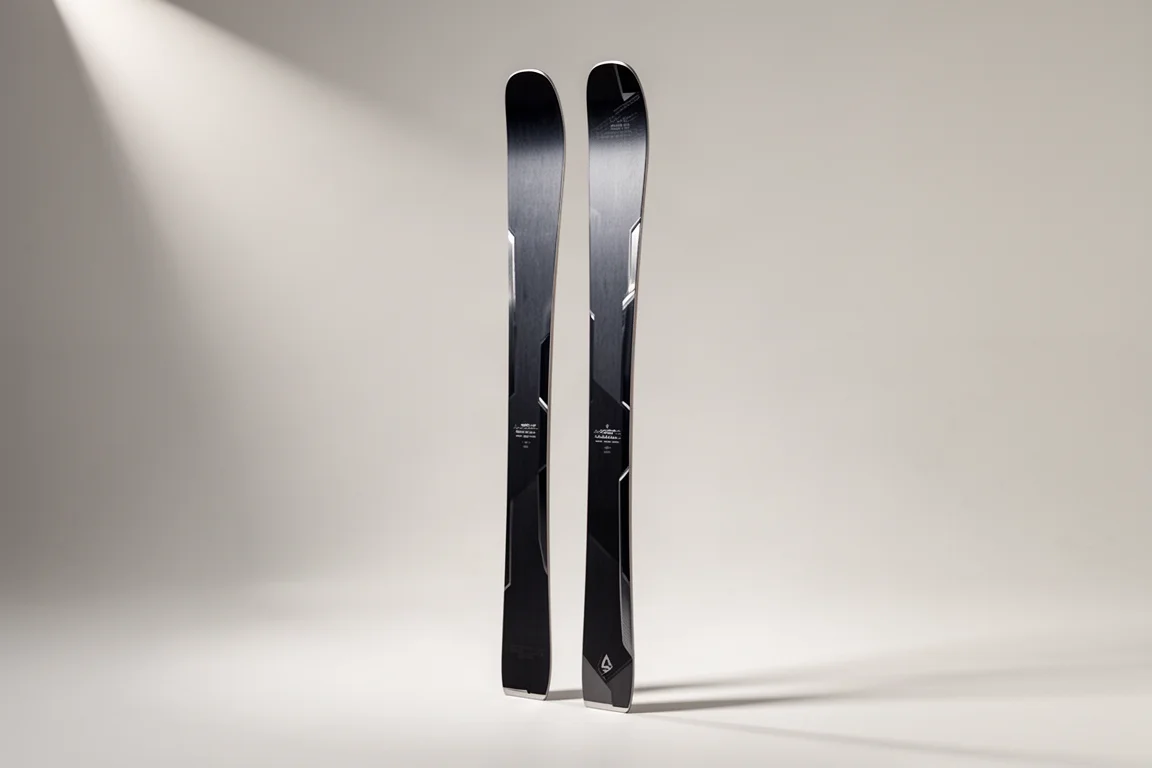Pair of narrow all-mountain carving skis standing upright on a light grey studio backdrop