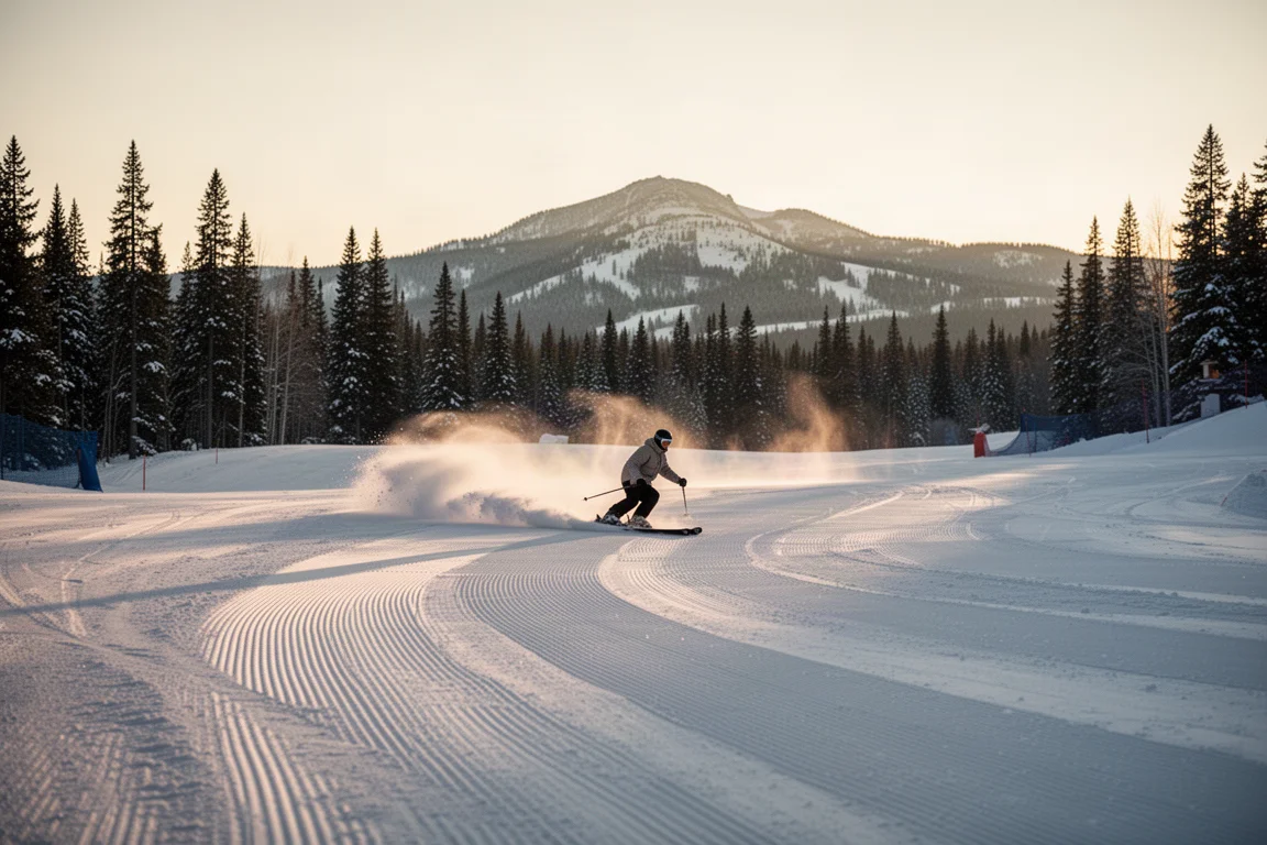 Skifahrer schlängelt sich an einem Pulvertag durch einen Waldhang, während Pulverschnee aufspritzt