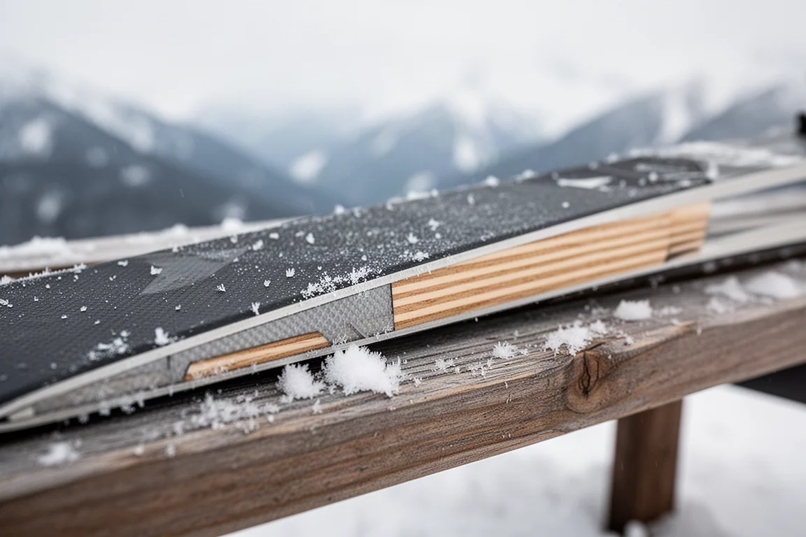 Nahaufnahme einer Skikante und eines Sidewalls, der einen sauberen Bogen in präparierten Schnee schneidet