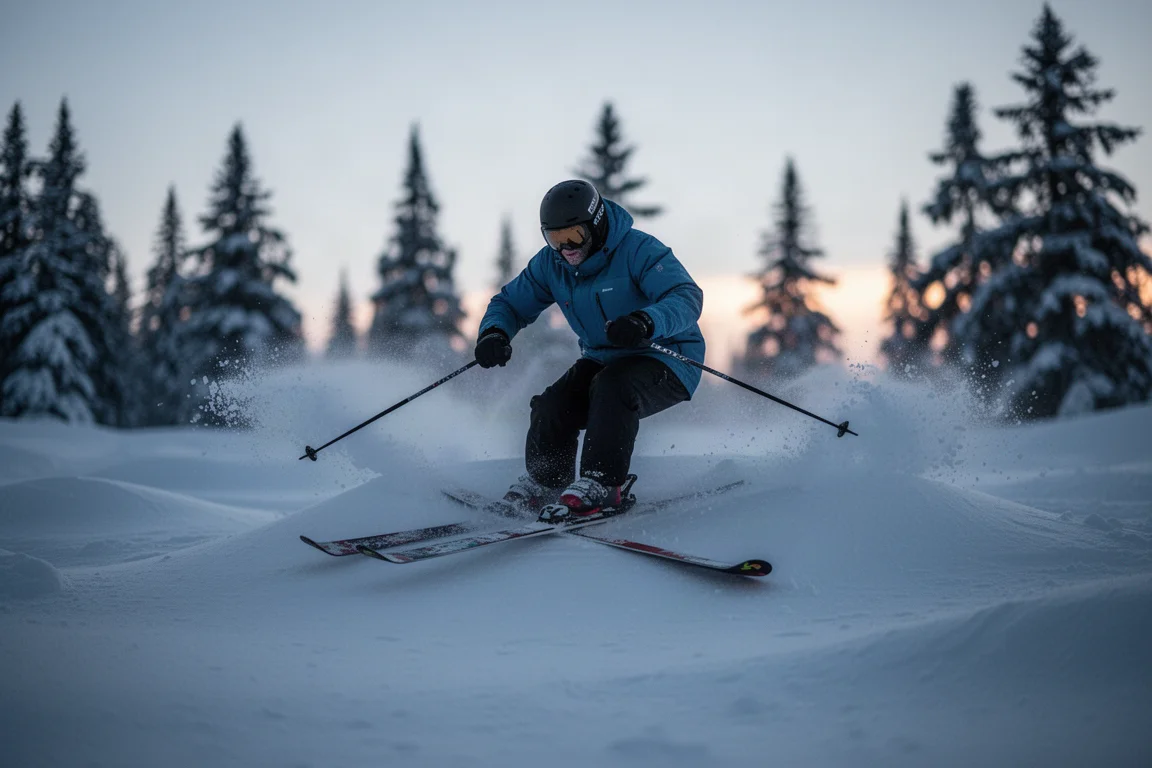 Skifahrer beendet eine kurze geschnittene Kurve, wobei Schnee von den Skienden aufspritzt