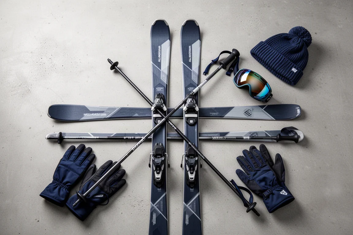 All-Mountain-Skier und Ausrüstung liegen auf einem Holzständer im Eingangsbereich einer Lodge