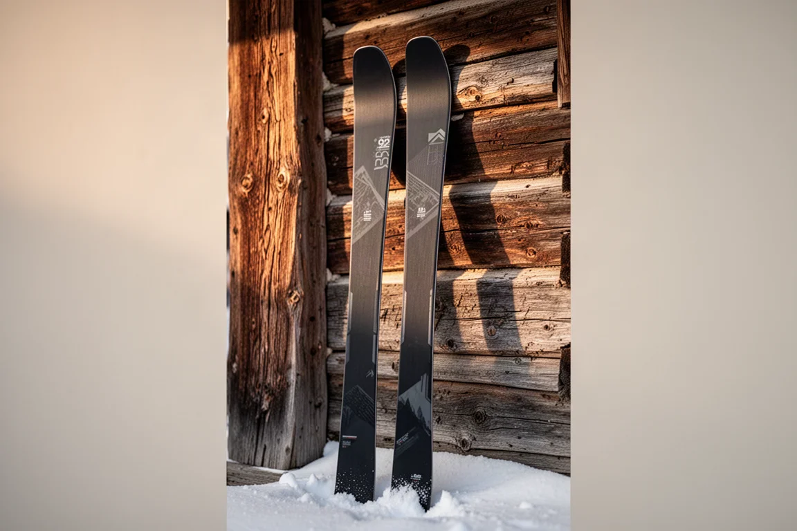 Pair of all-mountain skis standing upright on a concrete studio floor