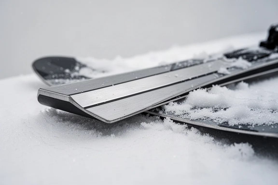 Närbild på en skidsvans som visar metallaminatkant och rak, riktad form